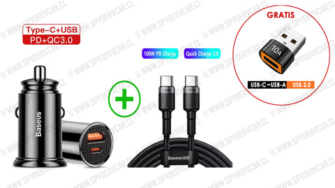 Cargador para Auto Carga Rápida 30w Baseus + Cable USB tipo C a tipo C Baseus + Adaptador usb Gratis